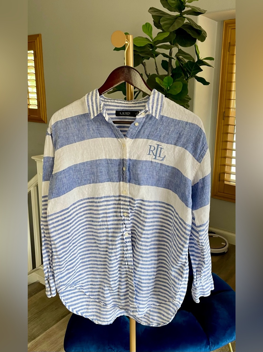 Lauren Ralph Lauren Black Label Women Striped Oversize Linen Shirt Size M - Picture 2 of 9